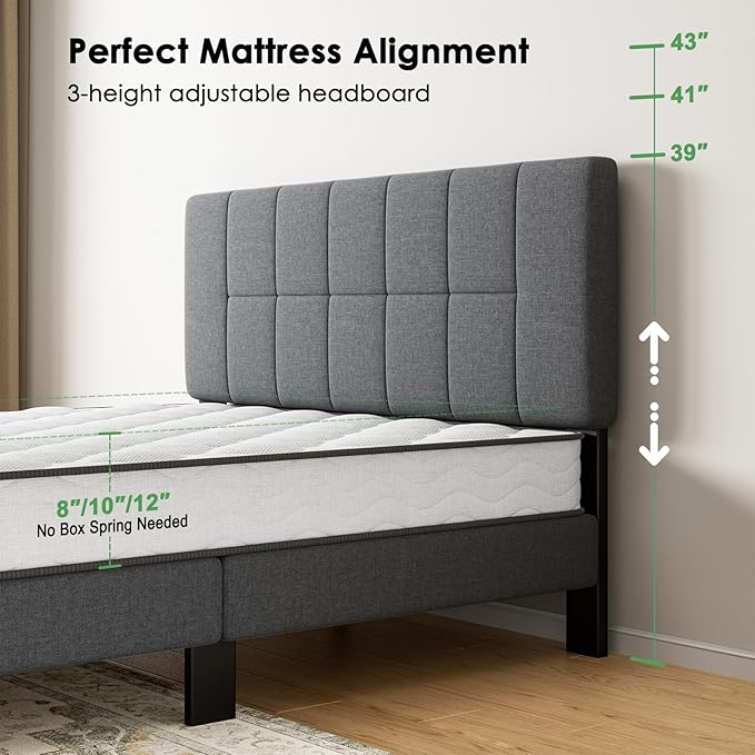 Marsail Queen Size Bed Frame, Sturdy and Durable with 12 Support Legs, 1300 lbs Capacity, Solid Wooden Upholstered Adjustable Headboard for 6"-12" Mattresses, Easy Assembly, Ideal Height, Dark Gray