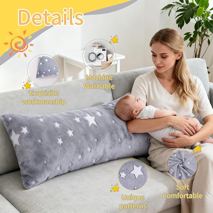 Cloele Body Pillow Cover Glow in The Dark Long Pillow Cases Full - 21x54 inches Grey Star Ultra Soft Body Pillowcase for Kids Girls Boys Decorative Body Pillow Pillowcases(Only Cover)