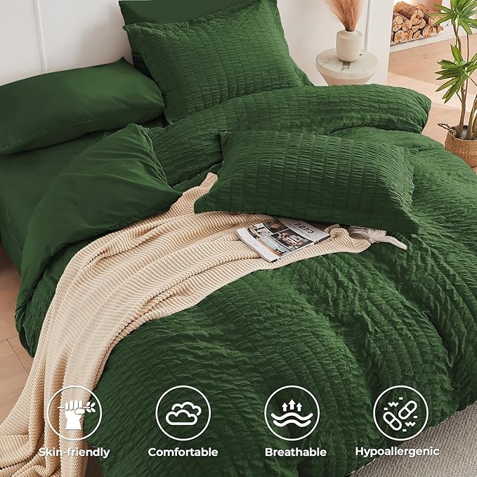 HYMOKEGE Dark Green Duvet Cover Full Size, Ultra Soft 3-Piece Seersucker Duvet Cover Set with Zipper Closure, Soft Brushed Microfiber Bedding Set with 8 Corner Ties (80"x90", 2 Pillowshams)