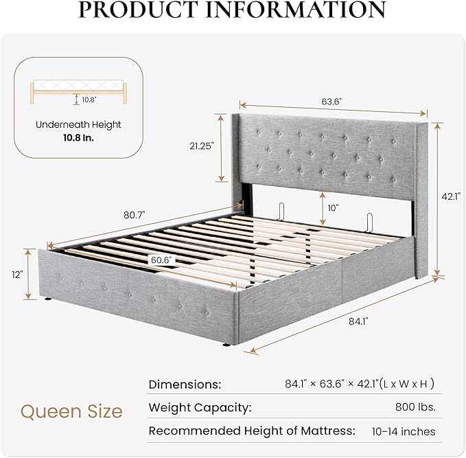 SHA CERLIN Queen Size Lift Up Storage Bed Frame,Button Tufted Wingback Headboard,Upholstered Platform,Hydraulic Storage,Wooden Slat Support,No Box Spring,Light Grey