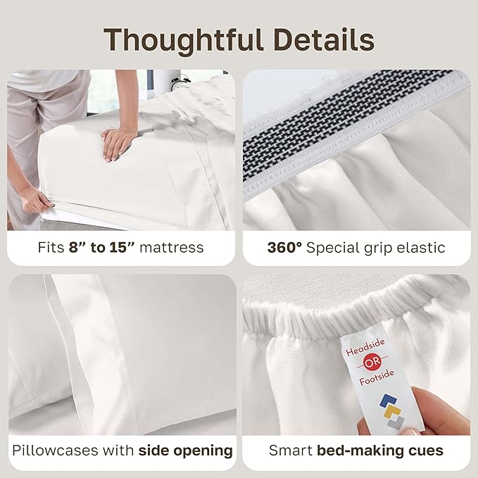 California Design Den Split King Sheets Sets for Adjustable Bed, Soft 800 Thread Count Sateen, 100% Cotton Set, Includes Twin XL Fitted Sheets - True Ivory