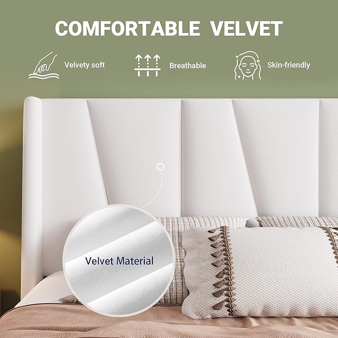 Allewie Queen Size Platform Velvet Bed Frame with Geometric Wingback Headboard, Boho Upholstered Bed with Wooden Slats Support, No Box Spring Needed, Easy Assembly, White