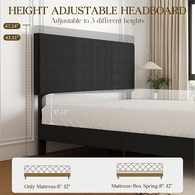 King Size Bed Frame, Upholstered Platform Bed with Adjustable Headboard, Vertical Fluted Tufted, Soft Corduroy Fabric, Wooden Slats Support, No Box Spring Needed, Easy Assembly, Black