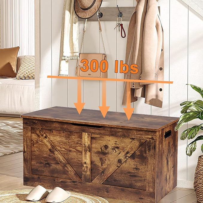 Timberer 39.4" Storage Chest, Wooden Storage Bench, Large Storage Trunk with 2 Safety Hinges, Entryway Shoes Bench for Living Room, Bedroom, Rustic Brown