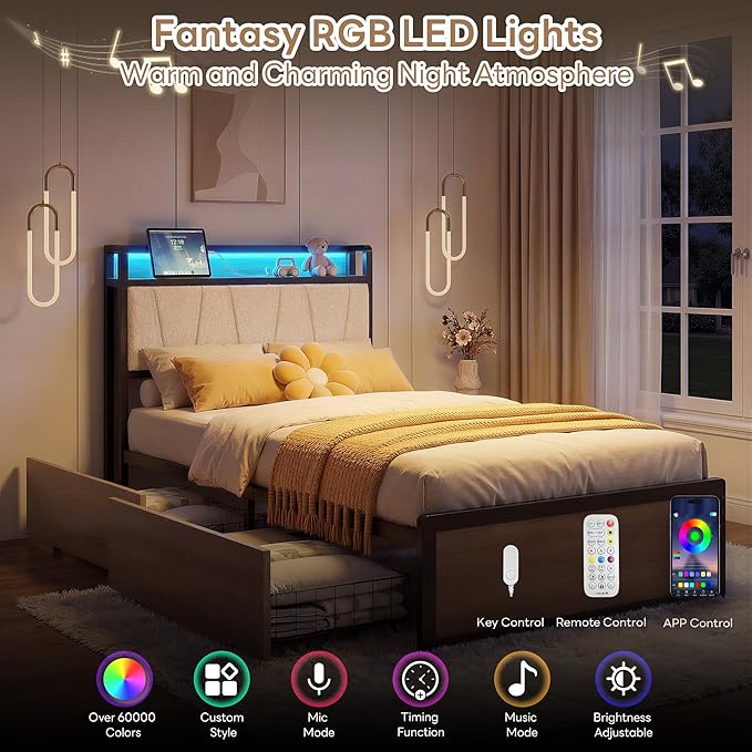 LIKIMIO Twin Bed Frames, DIY Storage Drawer Layout, Charging Station & LED Lights, Boucle Upholstered Platform Twin Bed Frame for Teen Rooms, Small Apartments & Bedrooms, Wood and Cream