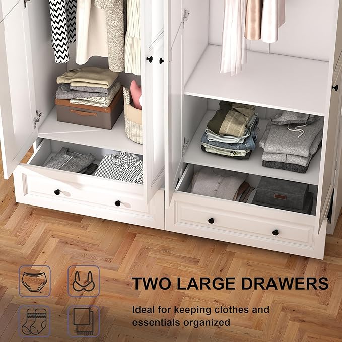 Armoire Wardrobe Closet with Drawers: 74" White Wardrobe Close with 4 Doors, Tall Armoire with Hanging Rod, Large Wood Clothes Cabinet for Bedroom (White, 63")