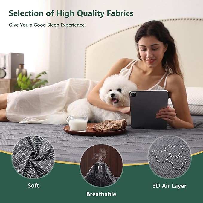 Full Size Waterproof Mattress Protector, 40% Rayon Derived from Bamboo Grey Mattress Pad Cover, 3D Air Fabric Breathable Mattress Pad Fitted with Deep Pocket 6"- 15" Machine Washable