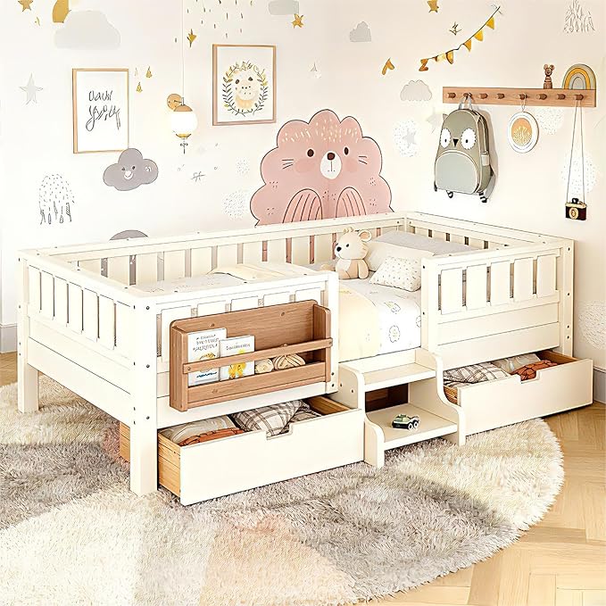Bellemave Twin Bed with Storage Drawers & Bookshelf, Low Profile Kids Bed Frame with Staircase & Full Length Guardrails, Solid Wood Twin Bed for Kids with Slats Load 300LBS, Easy Assembly, Beige