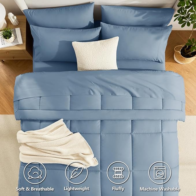 CozyLux Full Size Comforter Sets Dusty Blue, 7 Pieces Bed in a Bag, Grayish Blue Comforter Full Size, All Season Bedding Sets with Stitch Quilted Comforter, Flat Sheet, Fitted Sheet, Pillowcases