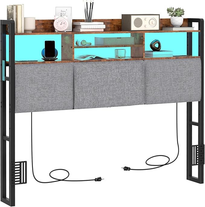 Livofloral Headboard for Full Size Bed with Charging Station and LED Light, Full Bed Upholstered Head Board with Storage Shelves, Full Size Headboard with Power Outlets, Height Adjustable, Brown
