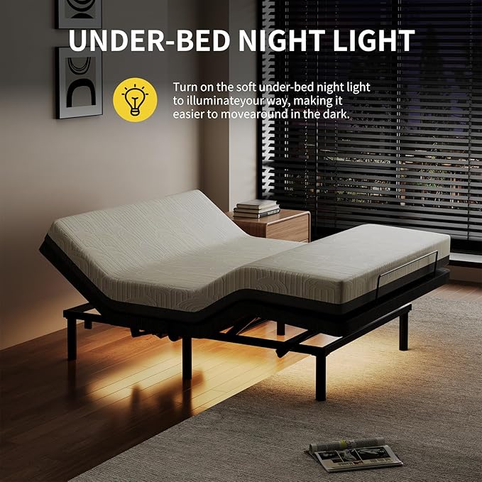 MULIN Twin XL Adjustable Bed Base with Massage & LED Under-Bed Lighting, 6 Vibration Modes, 2 USB Ports, Wireless Remote, Head/Foot Incline, 6" Adjustable Legs | 6 Vibration Modes, 2 USB Ports, Wireless Remote, Head/Foot Incline, 6" Adjustable Legs, He...