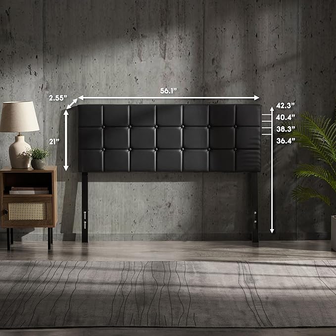 Hearth & Harbor Full Size Headboard, Button Tufted, Upholstered, Bed Frame Mount, Adjustable Height 34"-42", Modern, Black