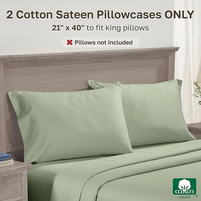 California Design Den Premium King Pillowcases Set of 2-600 Thread Count Sateen, Natural 100% Cotton King Size Pillow Case Pair, Crisp, Durable Bedding - Laurel Green