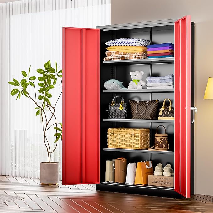 INTERGREAT Metal Lockable Storage Cabinet, 72” H Storage Cabinet with 2 Doors and 4 Adjustable Shelves for Office, Garage, Pantry (Assembly Required, Black Red)