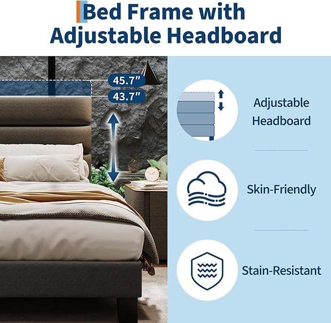 IDEALHOUSE Full Size Bed Frame with Adjustable Headboard, Fabric Upholstered and Wooden Slats Support, Heavy Duty Mattress Foundation, Platform Bed Frame No Box Spring Needed, Easy Assembly, Grey