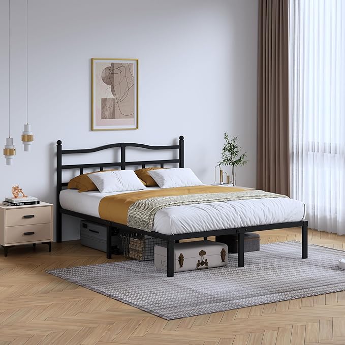 SHOANED Metal Bed Frame with Headboard - 14 Inch King Size Heavy Duty Bedframe Black Basic Steel Slats Platform No Box Spring Needed/Easy Assembly/Noise Free