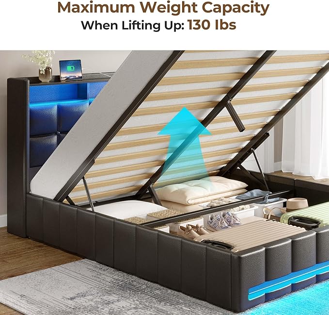 Rolanstar Bed Frame Full Size with Lift Up Storage, Charging Station & LED Lights, Upholstered Storage Headboard, Heavy Duty Wooden Slats, No Box Spring Needed, Noise Free, Easy Assembly, Black