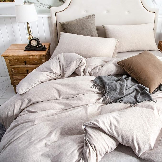 PURE ERA Jersey Knit Duvet Cover Set 100% T-Shirt Cotton Super Soft Comfy 3pc Bedding Set with Zipper Closure (Heather Beige, Full)