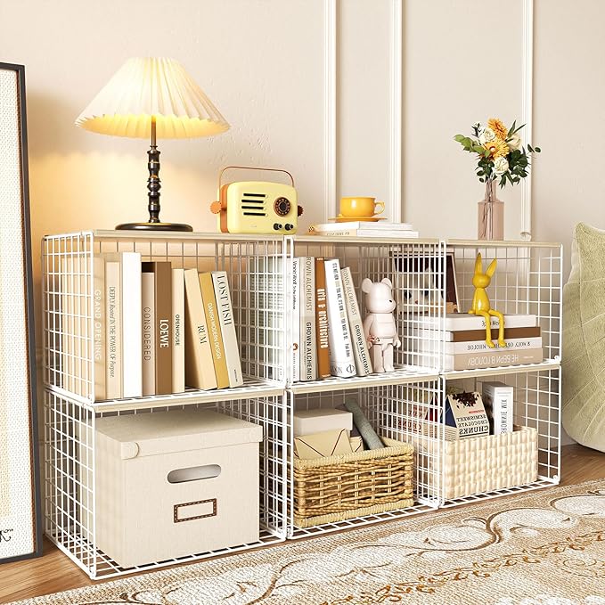 Extra-Long Closet Organizers and Storage with Top Board, 3 Pack Stackable Closet Shelf Organizer, Double Storage Design, Clothes Storage Cube/Bin/Basket for Wardrobe, Space-Saving, White,Sturdy,Metal