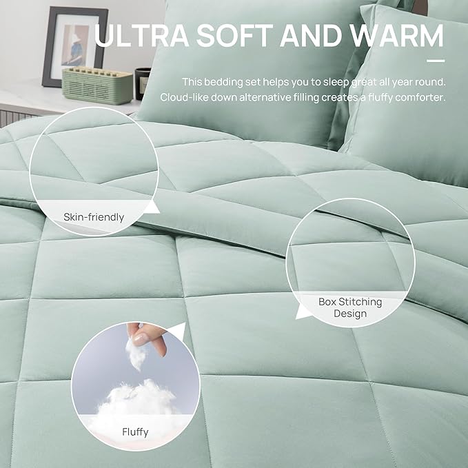 Love's cabin Full Comforter Set Aqua, 7 Pieces Full Bed in a Bag, All Season Bedding Sets with 1 Comforter, 1 Flat Sheet, 1 Fitted Sheet, 2 Pillowcase and 2 Pillow Sham | Soft, Breathable, Lightweight, Comfortable