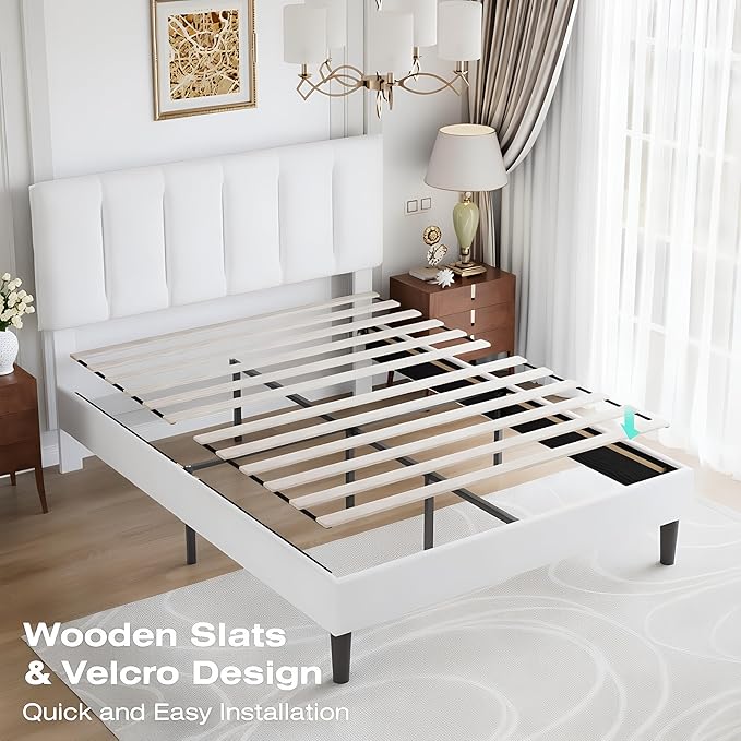 VECELO Full Bed Frame with Upholstered Headboard, Heavy-Duty Platform Bedframe with Strong Wooden Slats Support, No Boxing Spring Needed, Pure White