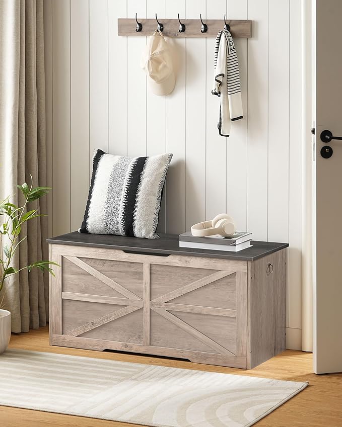 CHOEZON Storage Chest, 39.4" Wooden Storage Trunk, Retro Storage Bench with Safety Hinge, Toy Chest Storage, Farmhouse Style, for Bedroom, Living Room, Charcoal Gray and Greige MCW10HC