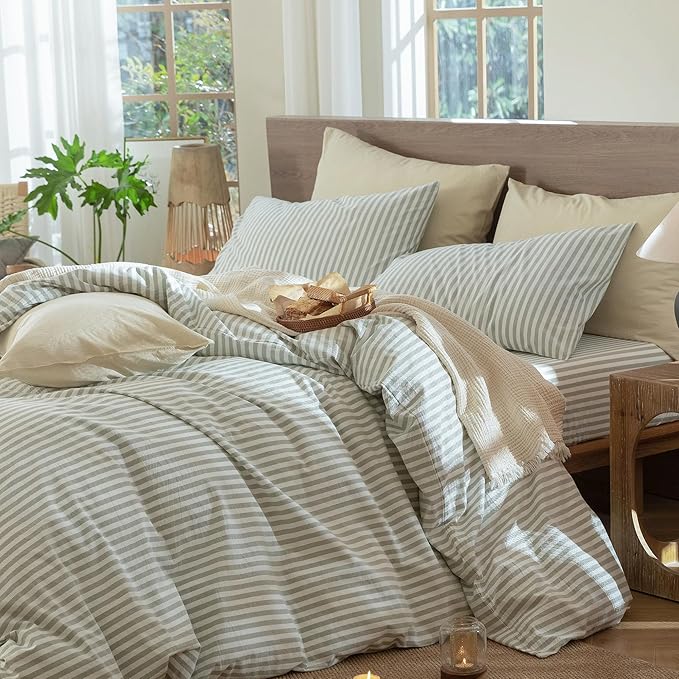 MooMee Striped Duvet Cover Set 100% Washed Cotton Linen Like Textured Breathable Durable Soft Comfy (Sage Green White Classic Stripes, Super King Plus 120"x120")