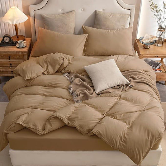 PURE ERA Jersey Knit Duvet Cover Set 100% T-Shirt Cotton Super Soft Comfy 2pc Bedding Set with Zipper Closure (Solid Toffee Brown, Twin)