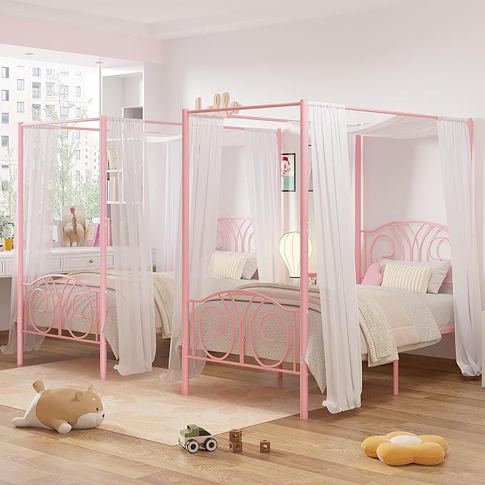 VECELO Metal Canopy Bed Frame Twin Size, 4 Posters Platform Mattress Foundation with Headboard, Heavy Duty Steel Slats Support, No Box Spring Needed, Pink