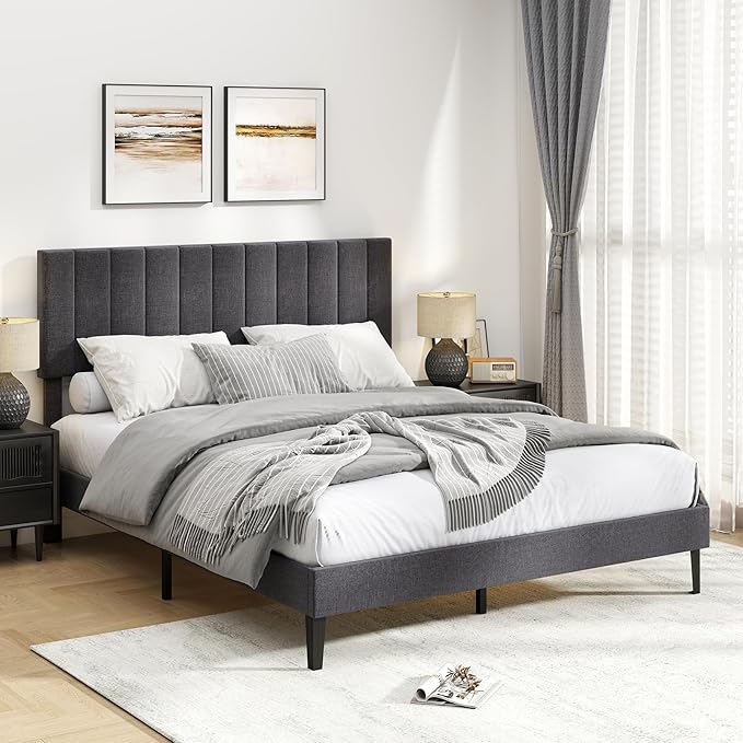 Giantex Queen Size Upholstered Bed Frame, Platform Bed with Height Adjustable Vertical Channel Headboard, Wooden Slats Support Mattress Foundation, No Box Spring Needed, Noise Free, Grey