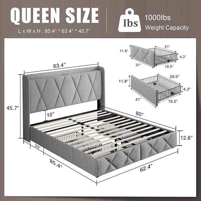 Einhomn Queen Bed Frame with 4 Storage Drawers and Charging Station, Upholstered Platform Bed Frame with Storage Headboard, No Box Spring Needed, Easy Assembly, Light Grey