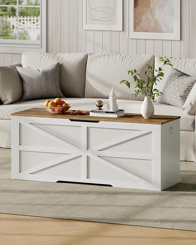 CHOEZON Storage Chest, 47.2" Wooden Storage Trunk, Modern Storage Bench with Safety Hinge, Toy Box, Farmhouse Style, for Bedroom, Living Room, Walnut and White MCW16WL