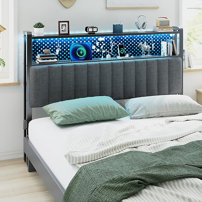 VINGLI Full Size Headboard with 2 Shelves, Adjustable Upholstered Headboard with Pegboard, Charging Stations and LED Lights, Modern Bed Headboard with Storage for Bedroom Decor, Dark Gray