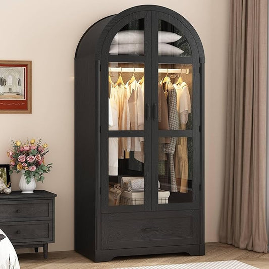 chartustriable 2 Doors Arched Armoire Wardrobe Closet w/Drawers,LED Light,Wooden Closet Wardrobe Cabinet with Hanging Rod for Bedroom,Modern Armoire Storage Cabinet w/Shelf,Black