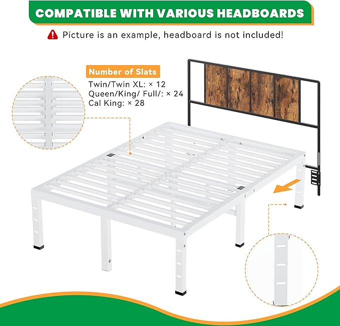 18 Inch King Size Bed Frames, Heavy Duty Metal King Platform 3500 lbs Capacity, No Box Spring Needed, 6 Mattress Slide Stopper, Headboard Holes, Noise-Free, Easy Assembly, White