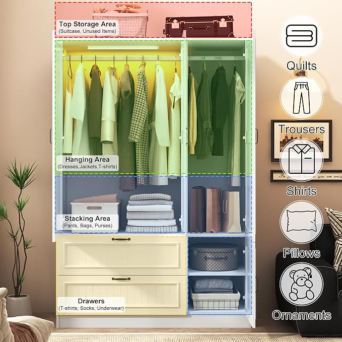 Squireewo Vertical Grooved Style 3 Doors Wardrobe Closet Armoire with Mirrors and LED Lights, 70.3" H Modern Wooden Bedroom Armoires with 2 Drawers, Large Capacity Freestanding Armoire, White