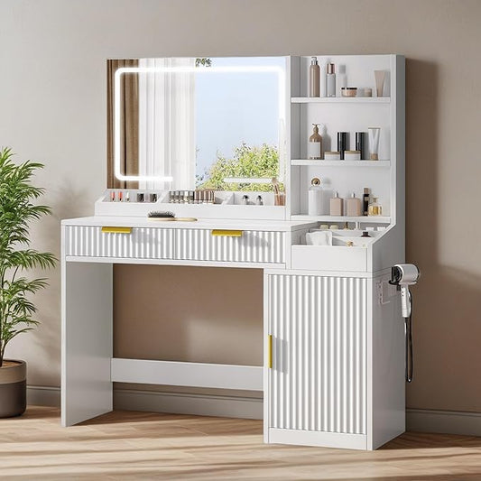 YITAHOME Large Makeup Vanity Desk with Mirror and Lights, Fluted Vanity Table with 2 Drawers & Adjustable Shelves, Makeup Mirror in 3 Modes Lighting, Dressing Table Set w/Charging Station, White