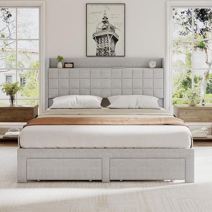 DUMOS Queen Size Upholstered Platform Bed Frame, Queen Bed with Storage Drawers and Fabric Headboard, Wooden Slats Support, 882 lbs Weight Capacity, No Box Spring Needed, Easy Assembly, Beige