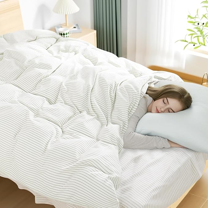 NEXHOME PRO Striped Duvet Cover Twin Size,100% Washed Cotton Bedding Set,Textured Linen Feel,Breathable,Organic,2 Piece(Green Stripes 68x90)