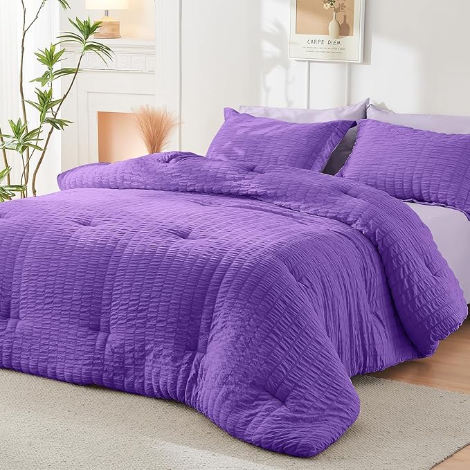 HYMOKEGE Dark Purple/Lavender King Size Comforter Set Seersucker 7 Pieces, All Season Luxury Bed in a Bag for Bedroom, Bedding Set with Comforter, Sheets, Pillowcases & Shams