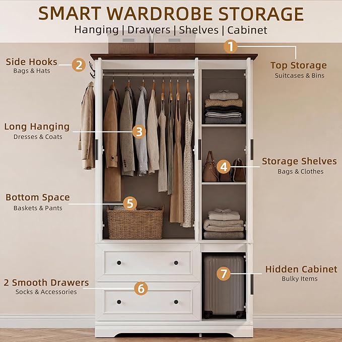 YESHOMY Armoire Wardrobe Closet with Drawers, 70.9" H x 21.1" D Wooden Closet with Hanging Rod, Fixed Shelves & Bottom Cabinet, Soft-Close Doors, Ball-Bearing Slides (White (Walnut Top))