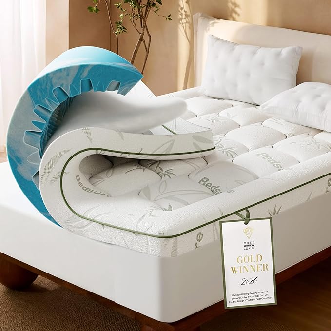 Bedsure Dual-Layer 5 Inch Twin Memory Foam Mattress Topper, 3 Inch Memory Foam + 2 Inch Viscose Made from Bamboo Mattress Topper Pad Cover, Flippable Memory Foam with Dual Comfort, White