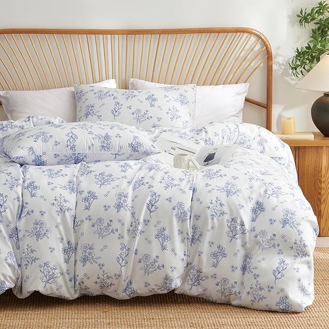 Nayoroom Blue Floral Duvet Cover King Size Cottagecore Flower Leaf Spring Comforter Cover 3 Pcs Soft Breathable Microfiber Pastoral Aesthetic Bedding Set with Zipper Closure