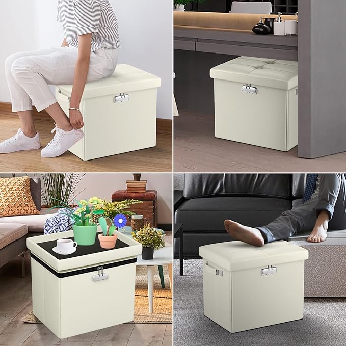 DocSafe Storage Ottoman with Lock,Fireproof＆Waterproof 17 Inches Folding Storage Box with Handles Safe for Important Documents,Leather Storage Ottoman Storage Chest for Living Room,Bedroom,Beige