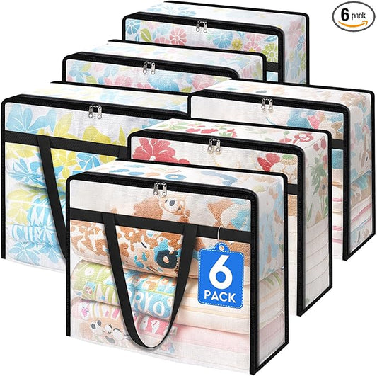 TasticTotes 6 Pack Clear Storage Bags for Comforter, Clothes & Bedding, Plastic Blanket Storage with Zipper and Handle, Moving Bags, Closet Organizer and Under-Bed Storage (90L)