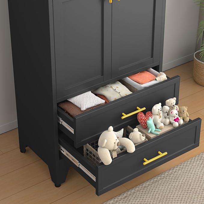 RIETERN Metal Armoire Wardrobe Closet, 71" Tall Bedroom Closet with 2 Drawers, Adjustable Shelves, and Hanging Rod, Steel Clothes Closets and Storage, for Bedroom Black