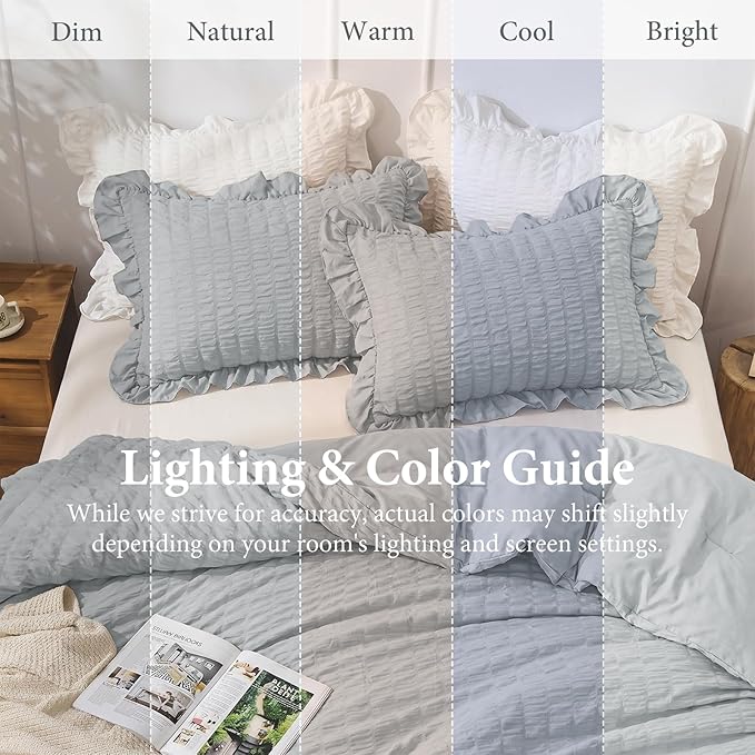 JOLLYVOGUE Light Grey Twin Size Comforter Set, 2 Pieces Seersucker Lightweight Fluffy Bedding Set, Twin Ruffle Comforter, All Season Soft Microfiber Shabby Chic Bed Set