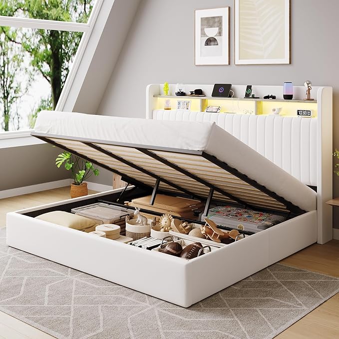 SHA CERLIN King Size Lift Up Storage Bed Frame/LED Lights/Charging Station/2-Tier Shelves Headboard/USB,Type-C Ports/Velvet Upholstered/Hydraulic Support/No Box Spring Needed/Noise Free/White