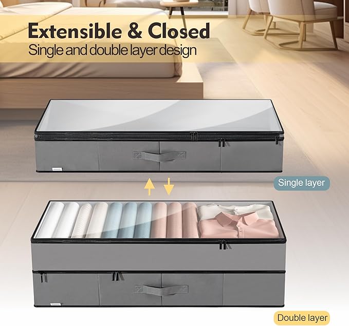 Supowin Large Under Bed Storage Containers, 2-Pack Double Layer Underbed Storage Bins with 3 Handles, 70L Extensible/Closed Clothes Storage Organizer with Sturdy Bottom Sidewalls, Grey