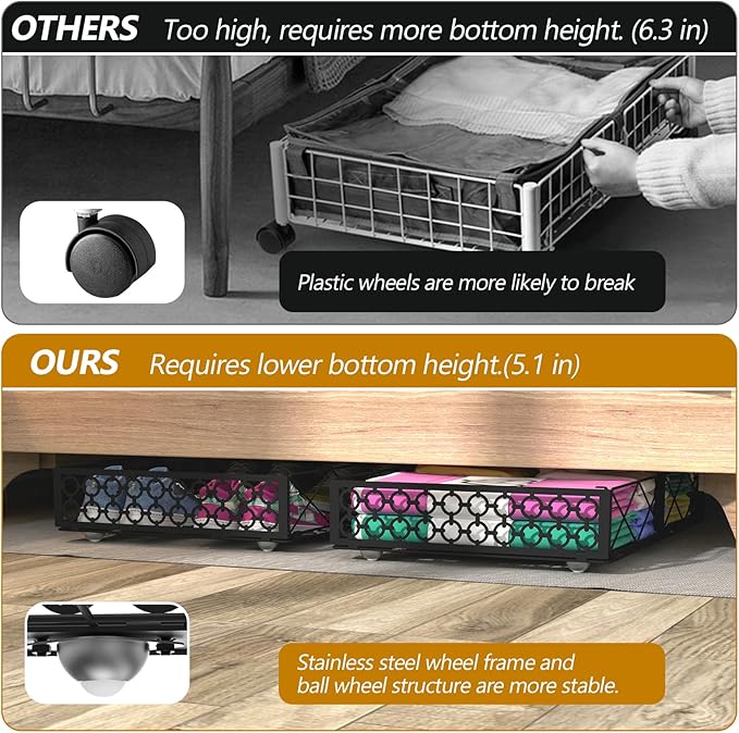 NADAMOO Under Bed Storage with Wheels, 2 Pack Rolling Under Bed Storage Containers，Foldable Metal Under the Bed Organizer Bins for Bedroom Clothes Shoes Blankets